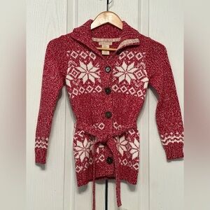 The Eagle's Eye Girls Fair Isle Sweater Cardigan w/ Waist Tie Size 7-8 Red Cream